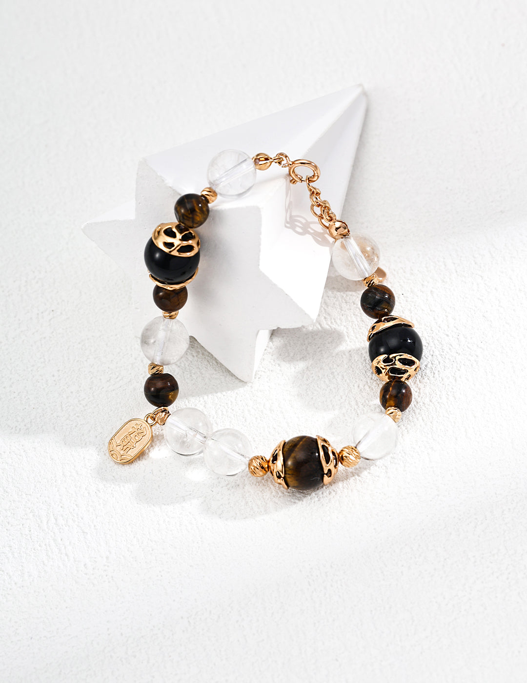S925 Sterling Silver Fashionable Fortune-attracting Tiger Eye Stone, Black Agate, and Crystal Bead Bracelet
