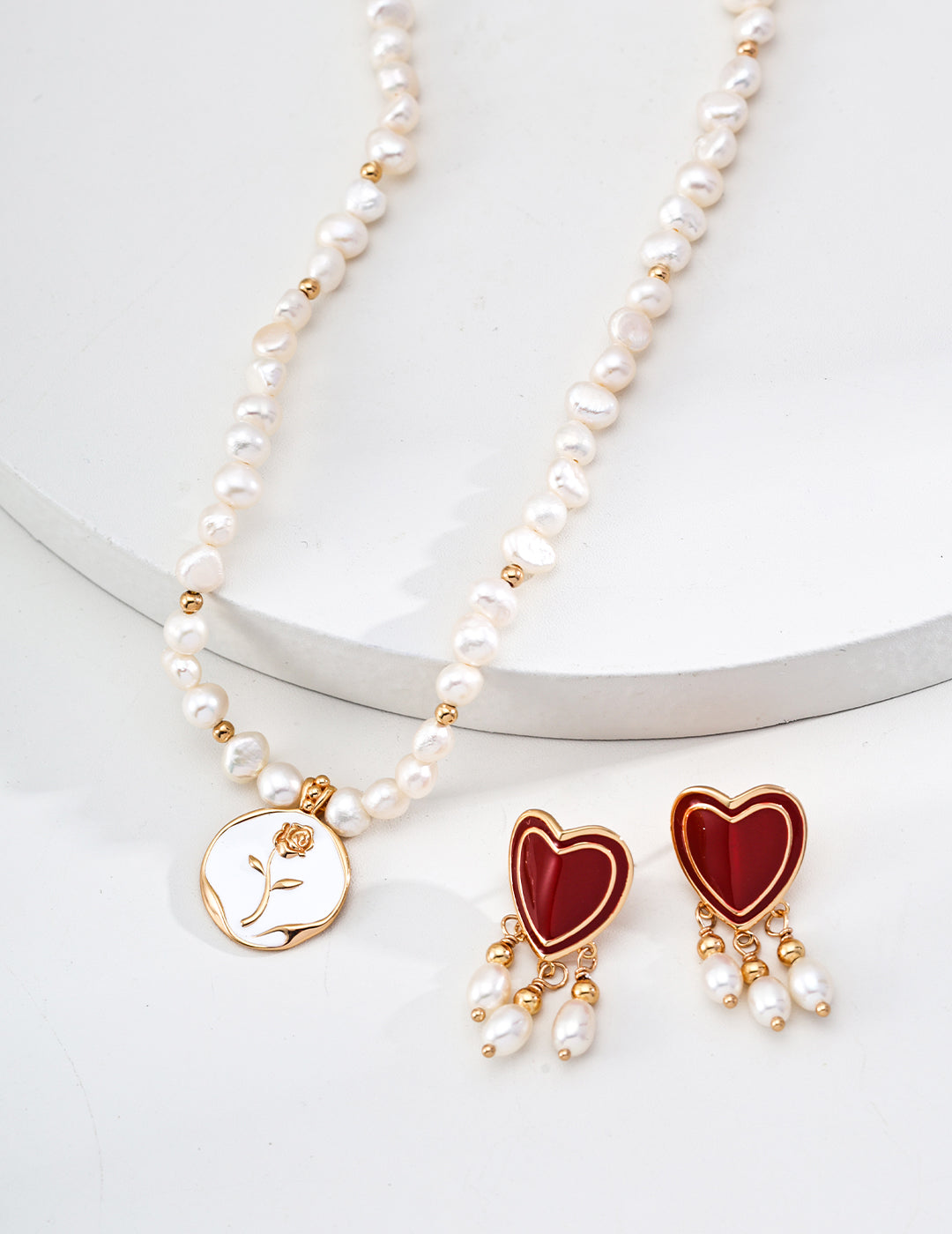 S925 Sterling Silver Minimalist Natural Pearl Enamel Rose Pendant Necklace