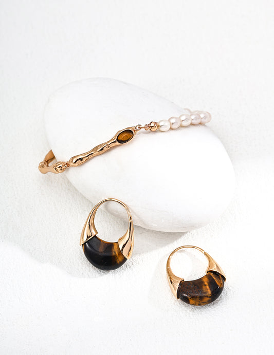 S925 Sterling Silver Vintage Tiger Eye Stone Fortune Earrings