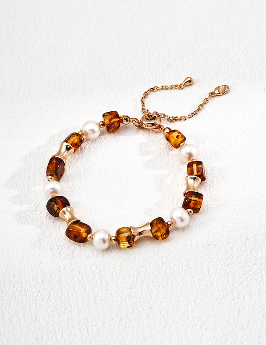 S925 Sterling Silver Vintage Natural Pearl Flower Amber Bracelet