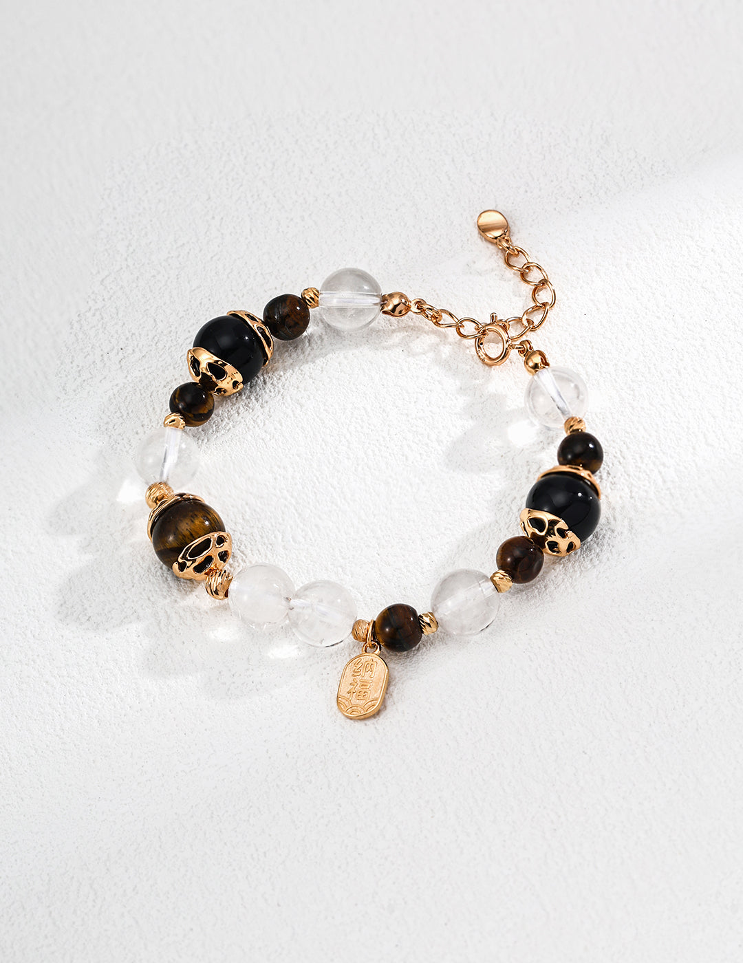 S925 Sterling Silver Fashionable Fortune-attracting Tiger Eye Stone, Black Agate, and Crystal Bead Bracelet