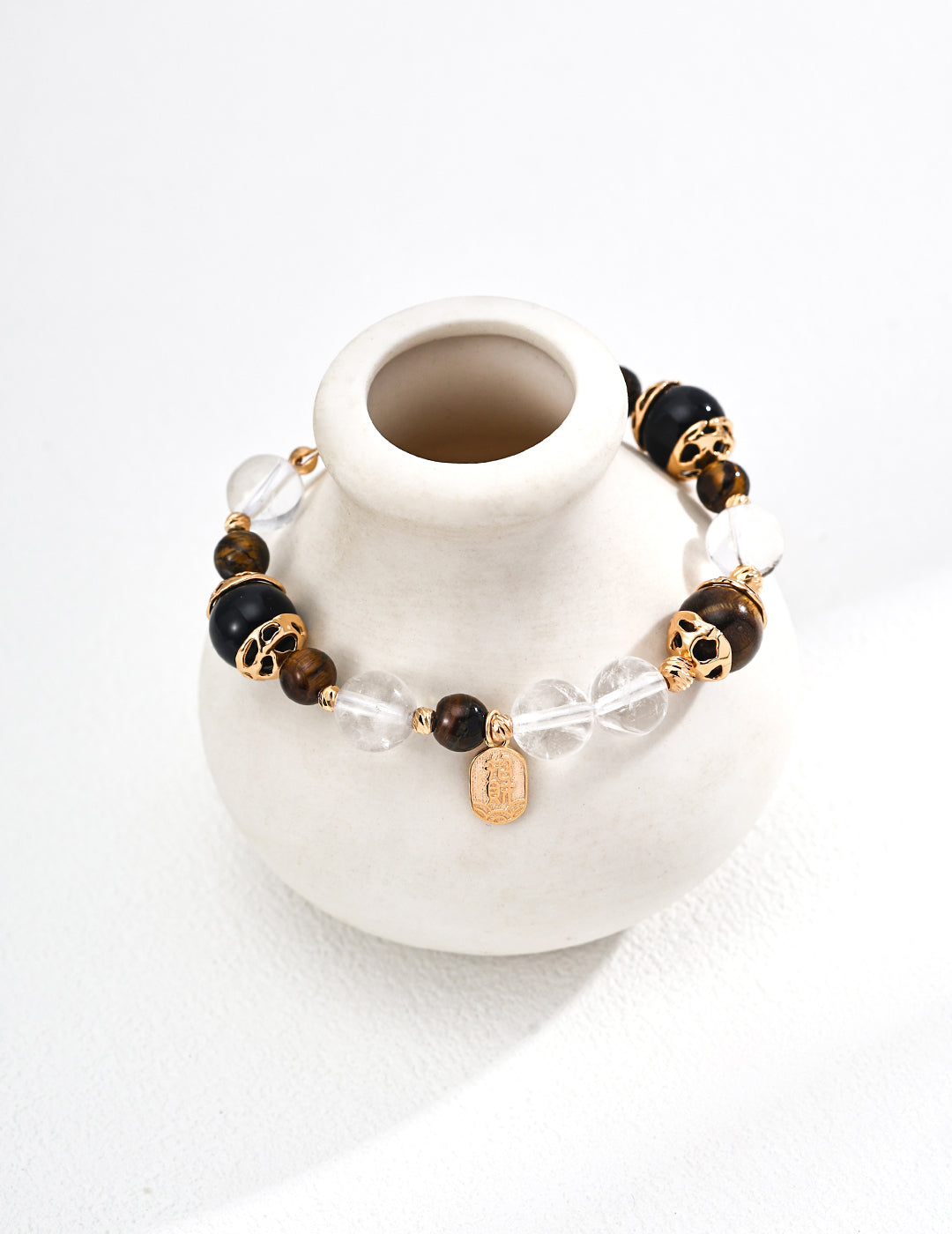 S925 Sterling Silver Fashionable Fortune-attracting Tiger Eye Stone, Black Agate, and Crystal Bead Bracelet