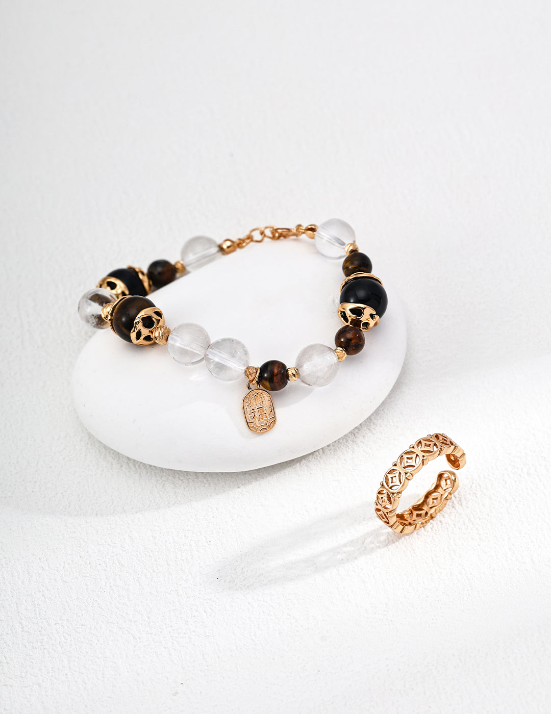 S925 Sterling Silver Fashionable Fortune-attracting Tiger Eye Stone, Black Agate, and Crystal Bead Bracelet