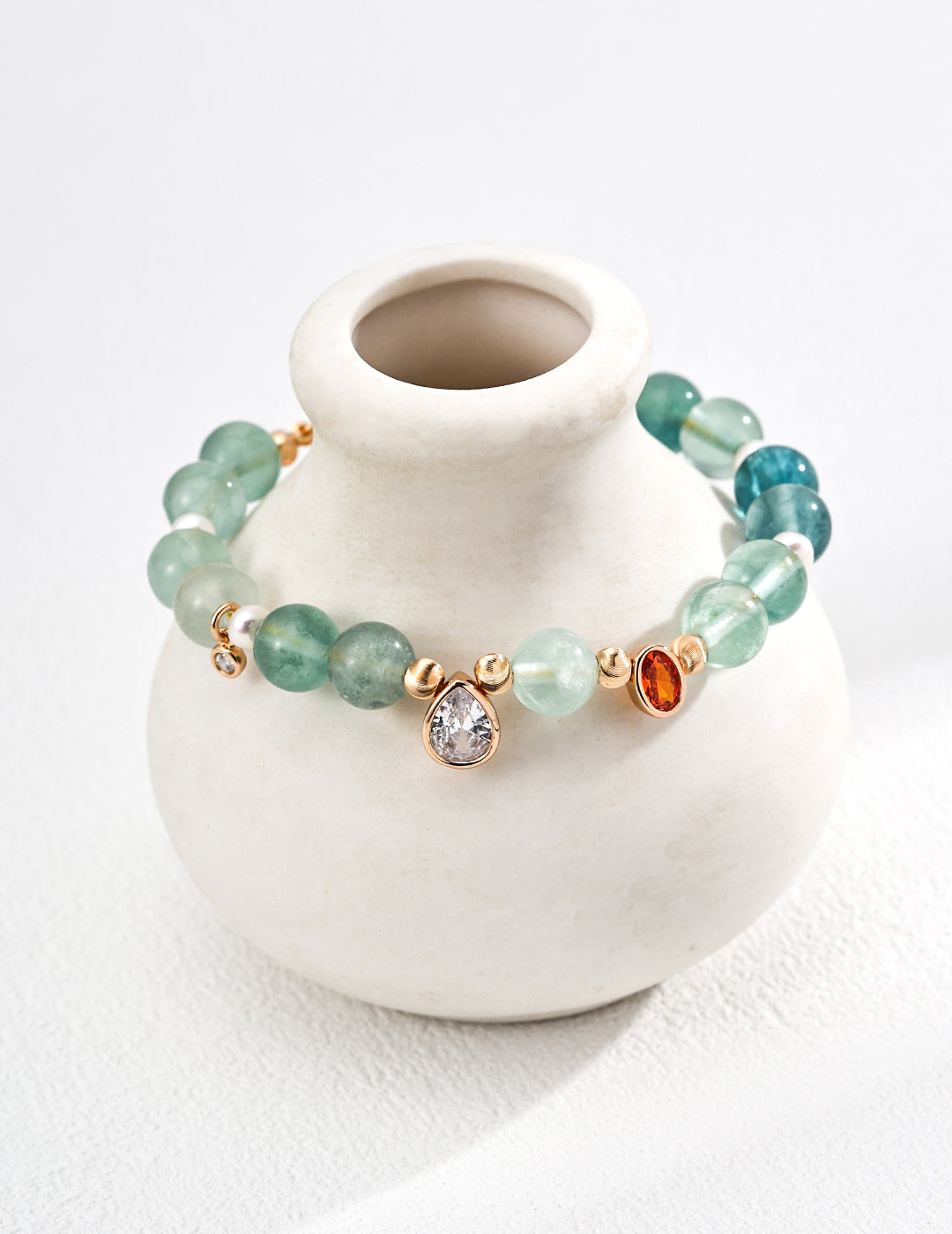 S925 Sterling Silver Fashion Bracelet with Natural Pearl, Peridot, and Cubic Zirconia