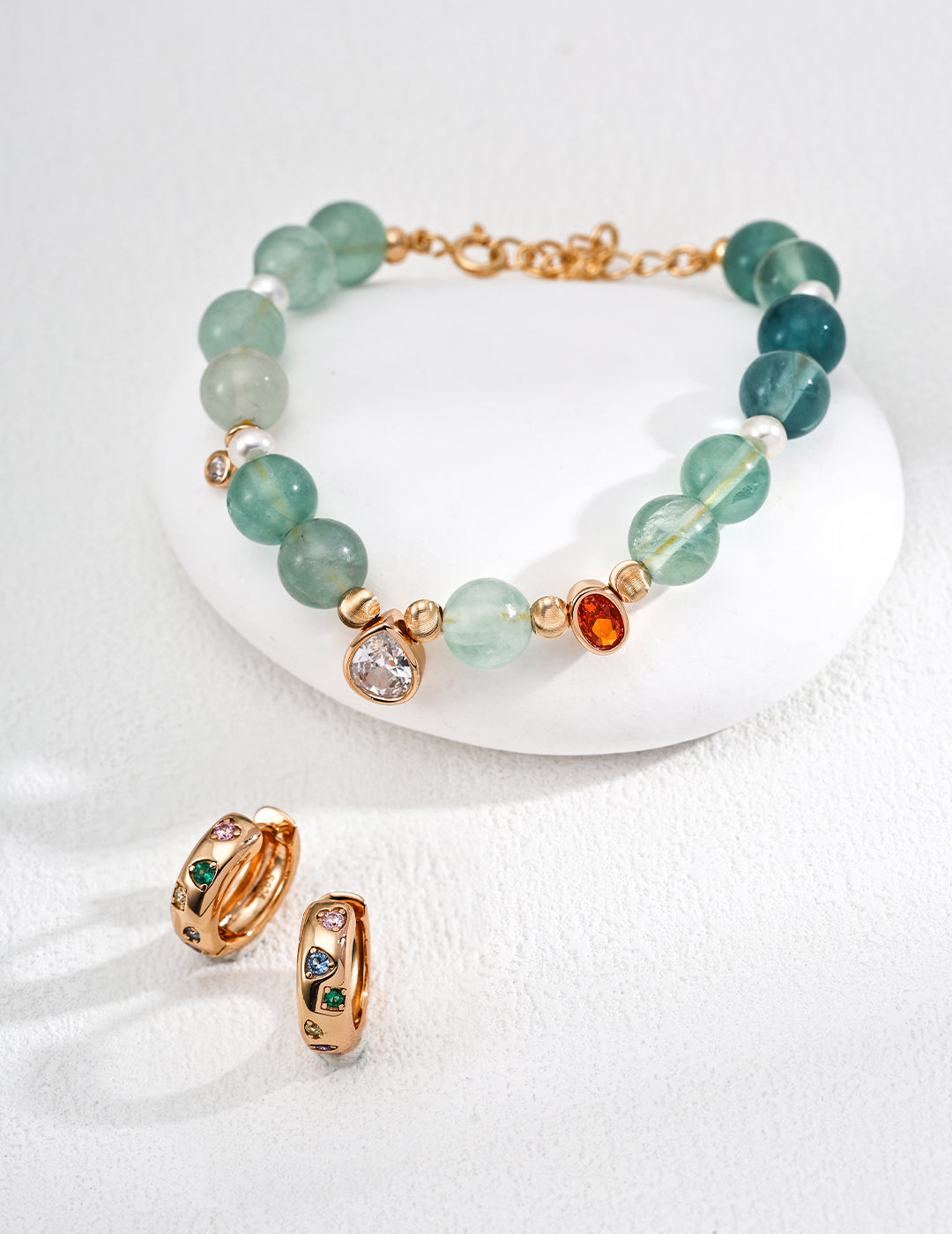 S925 Sterling Silver Fashion Bracelet with Natural Pearl, Peridot, and Cubic Zirconia
