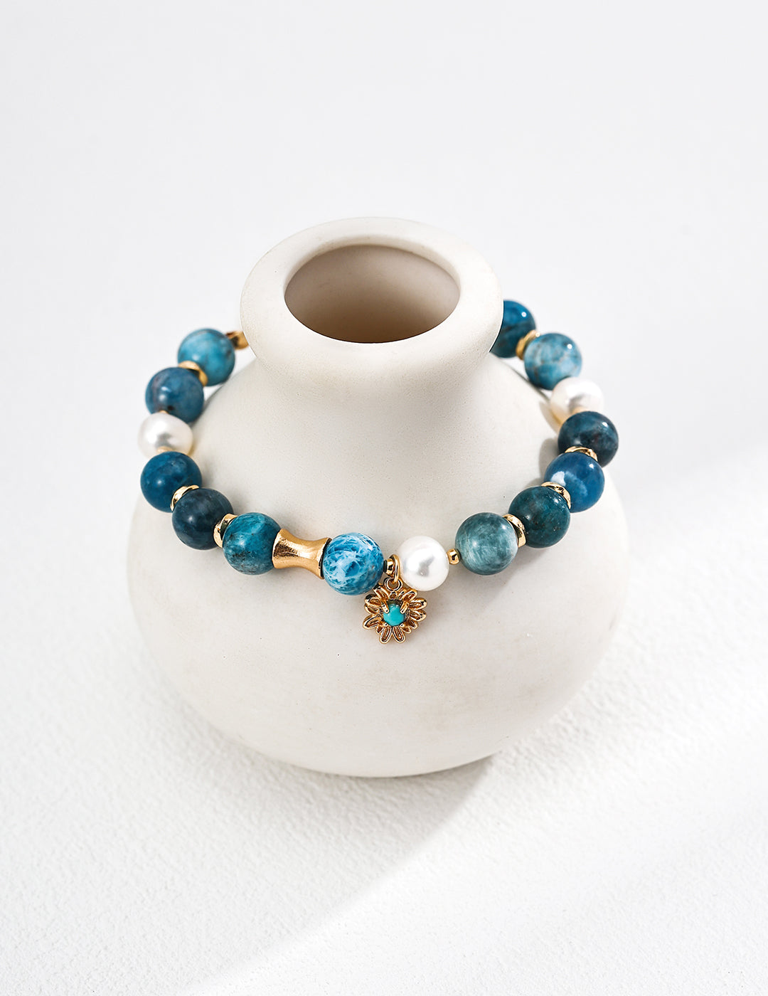 S925 Silver Vintage Natural Pearl, Azurite, and Turquoise Bracelet