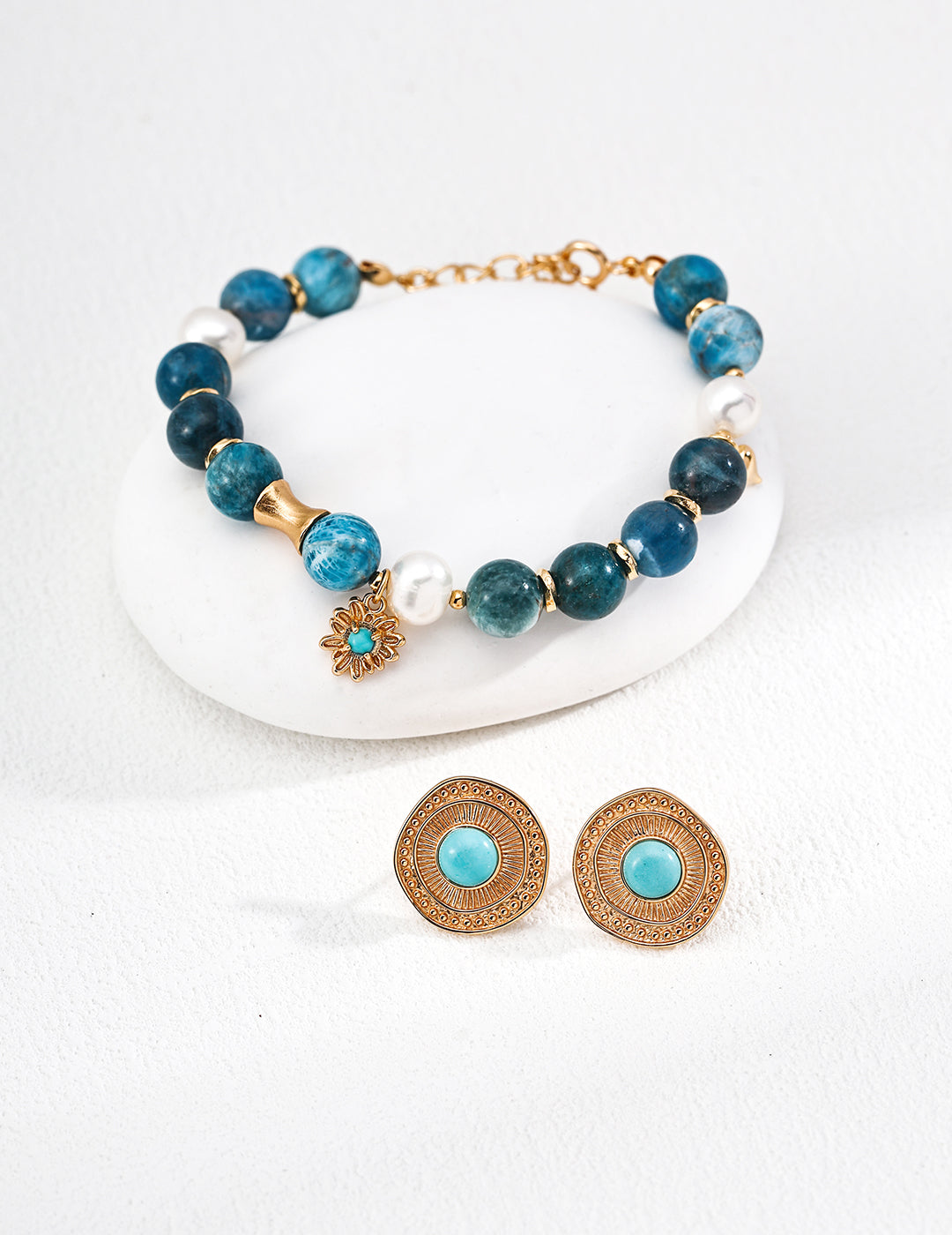 S925 Silver Vintage Natural Pearl, Azurite, and Turquoise Bracelet