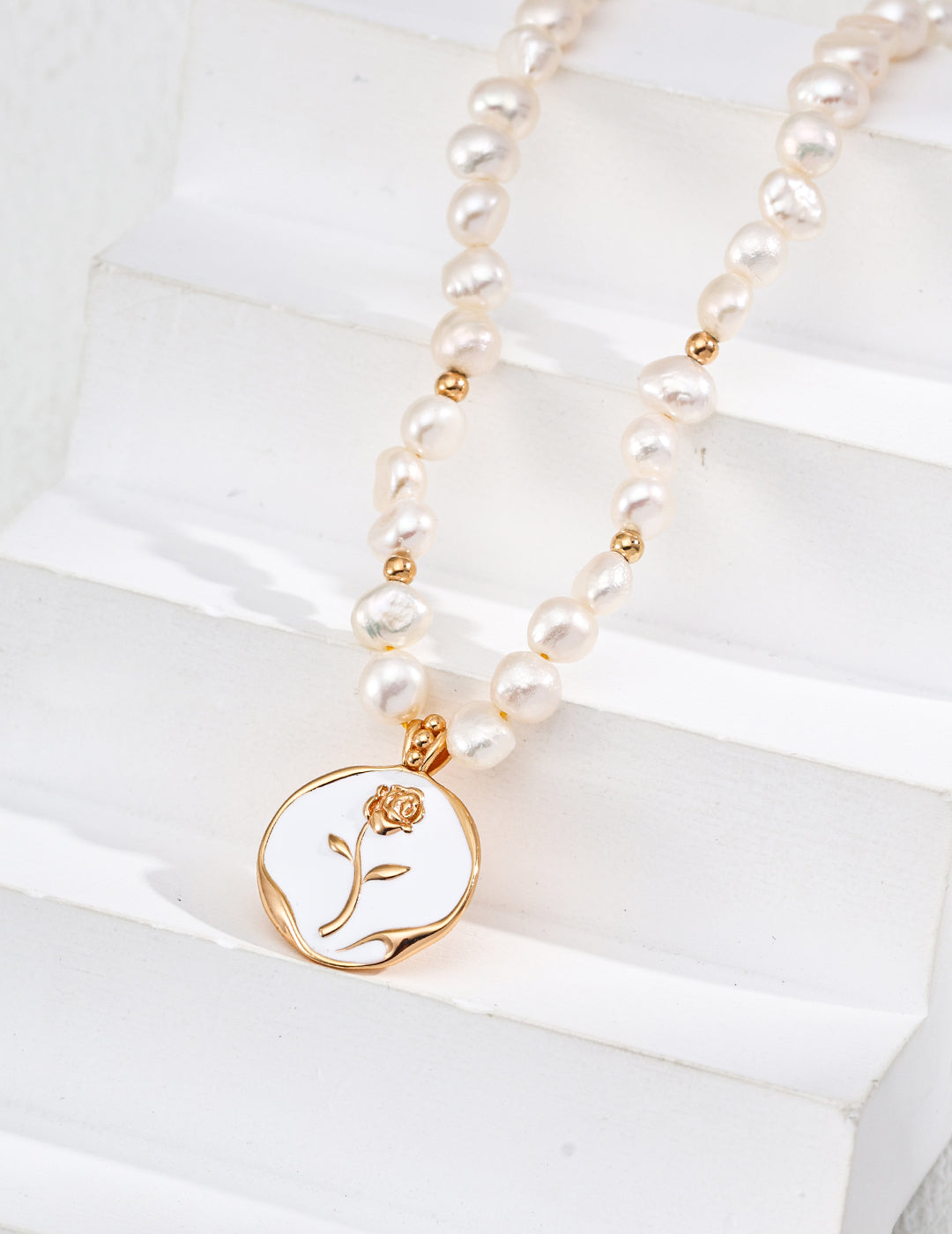 S925 Sterling Silver Minimalist Natural Pearl Enamel Rose Pendant Necklace