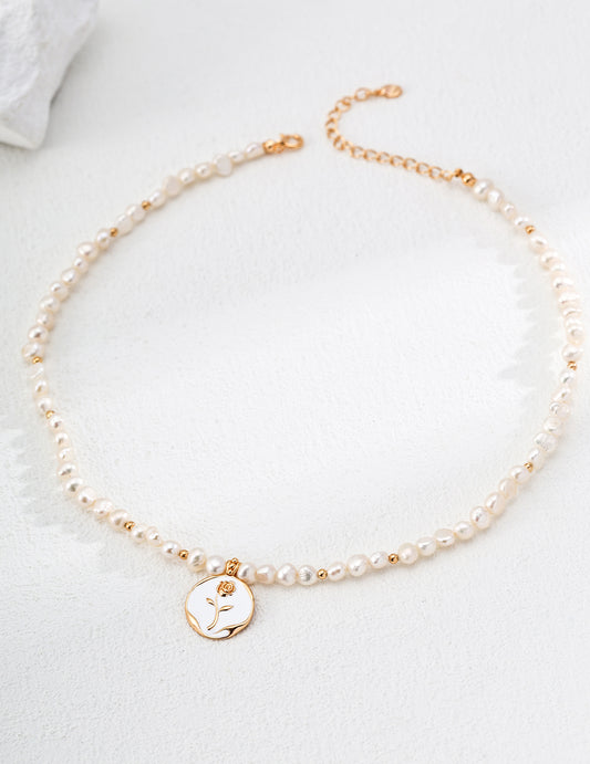 S925 Sterling Silver Minimalist Natural Pearl Enamel Rose Pendant Necklace