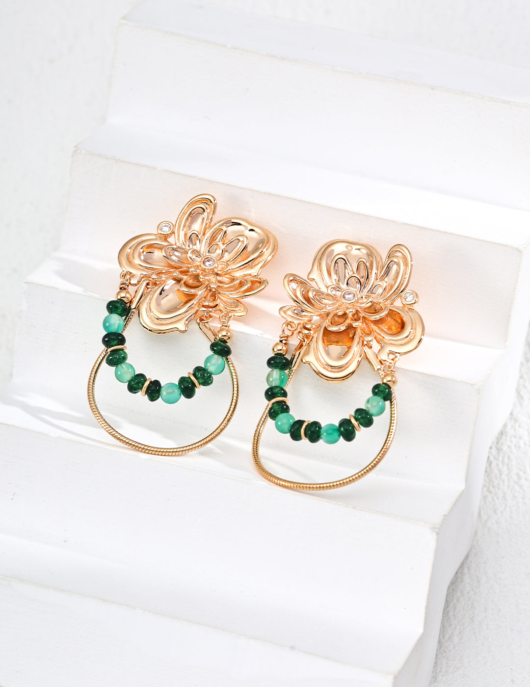 S925 Sterling Silver Vintage Design Earrings with Emerald, Agate, and Cubic Zirconia