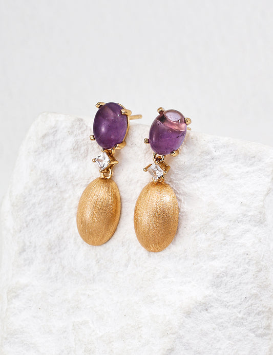 S925 Sterling Silver Vintage Italian Oval Earrings with Amethyst & Cubic Zirconia