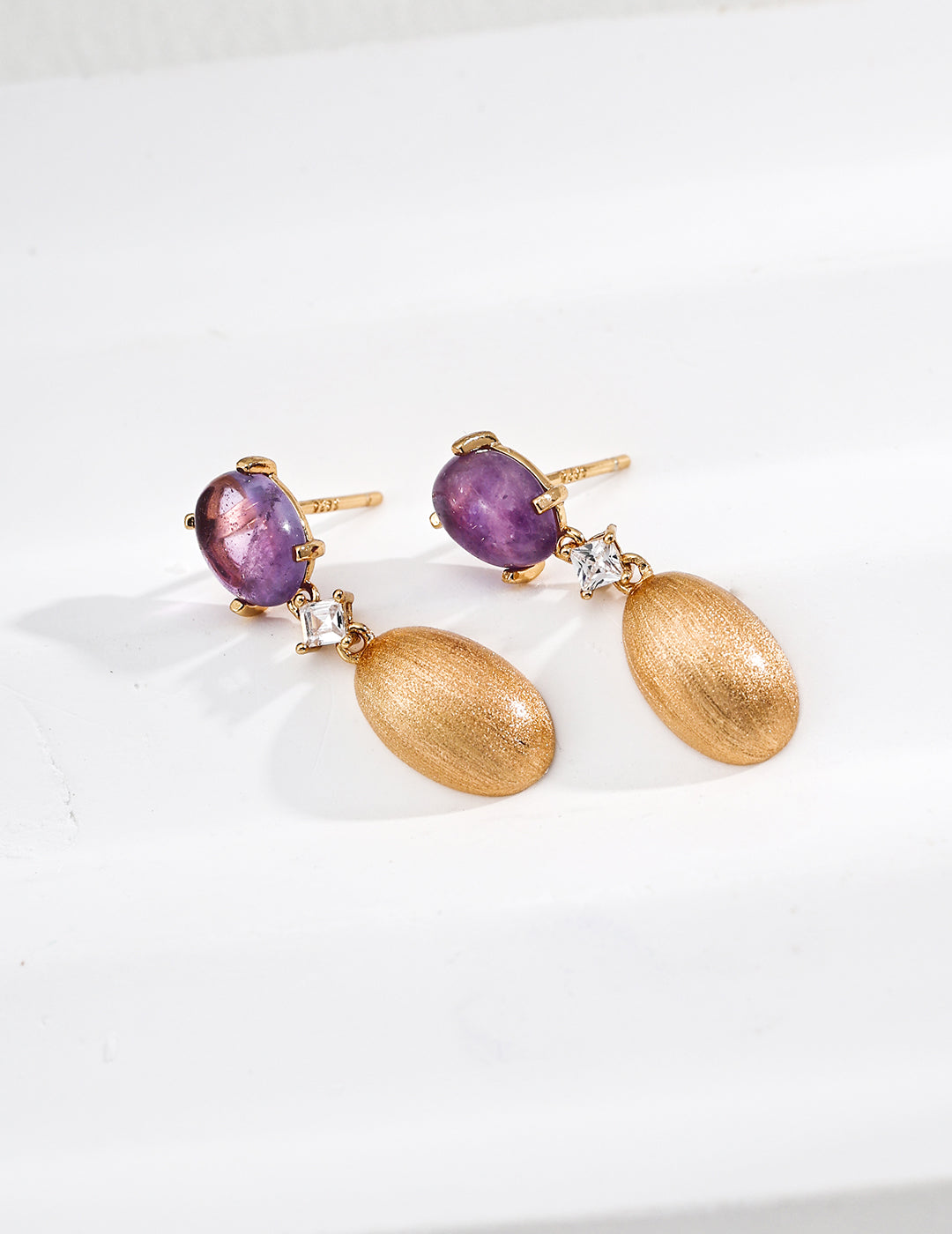 S925 Sterling Silver Vintage Italian Oval Earrings with Amethyst & Cubic Zirconia