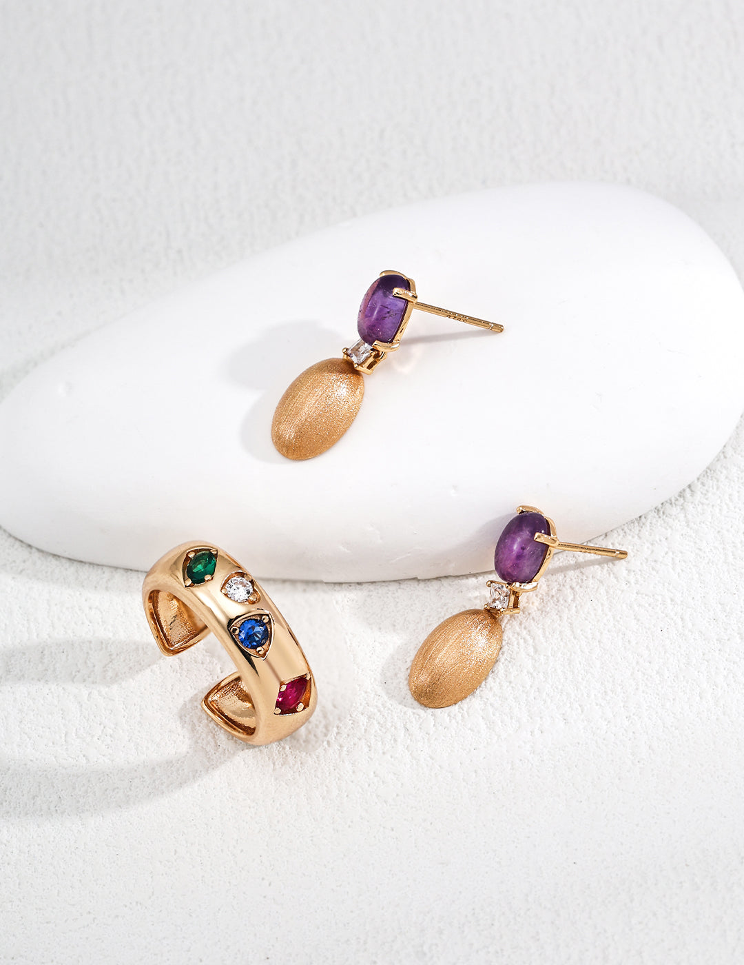 S925 Sterling Silver Vintage Italian Oval Earrings with Amethyst & Cubic Zirconia