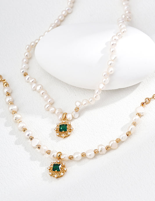 S925 Sterling Silver French Court-Style Necklace with Green Cubic Zirconia & Natural Pearls