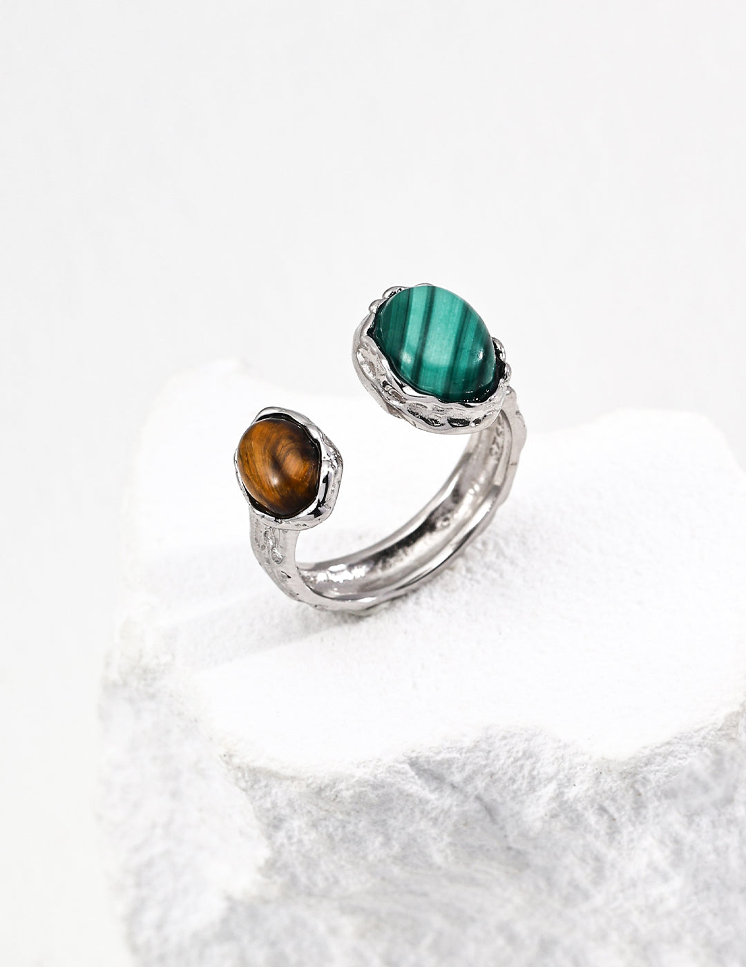 S925 Silver Vintage Natural Malachite / Red Agate / Tiger Eye Stone Ring