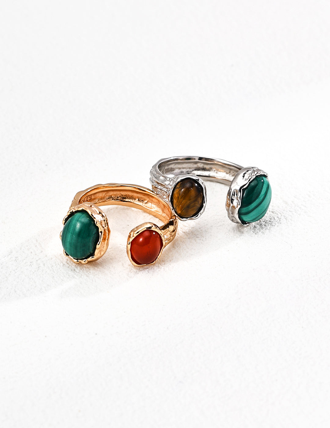 S925 Silver Vintage Natural Malachite / Red Agate / Tiger Eye Stone Ring
