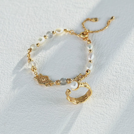 Vintage Natural Pearl & Grey Moonstone Bracelet